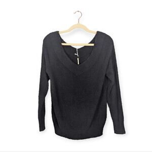 NWT Hello Nite Black Double V Neck Fuzzy Plush Sweater